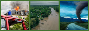 photo strip of a house on fire, flooding, and a tornado